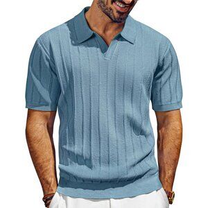 Mens Blue Knit Polo Shirt Short Sleeve Casual Lightweight Soft Summer Top